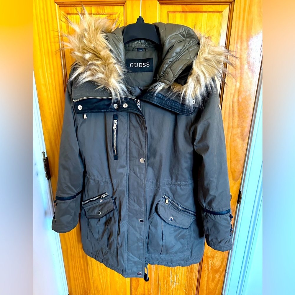 Olive green guess coat, size large